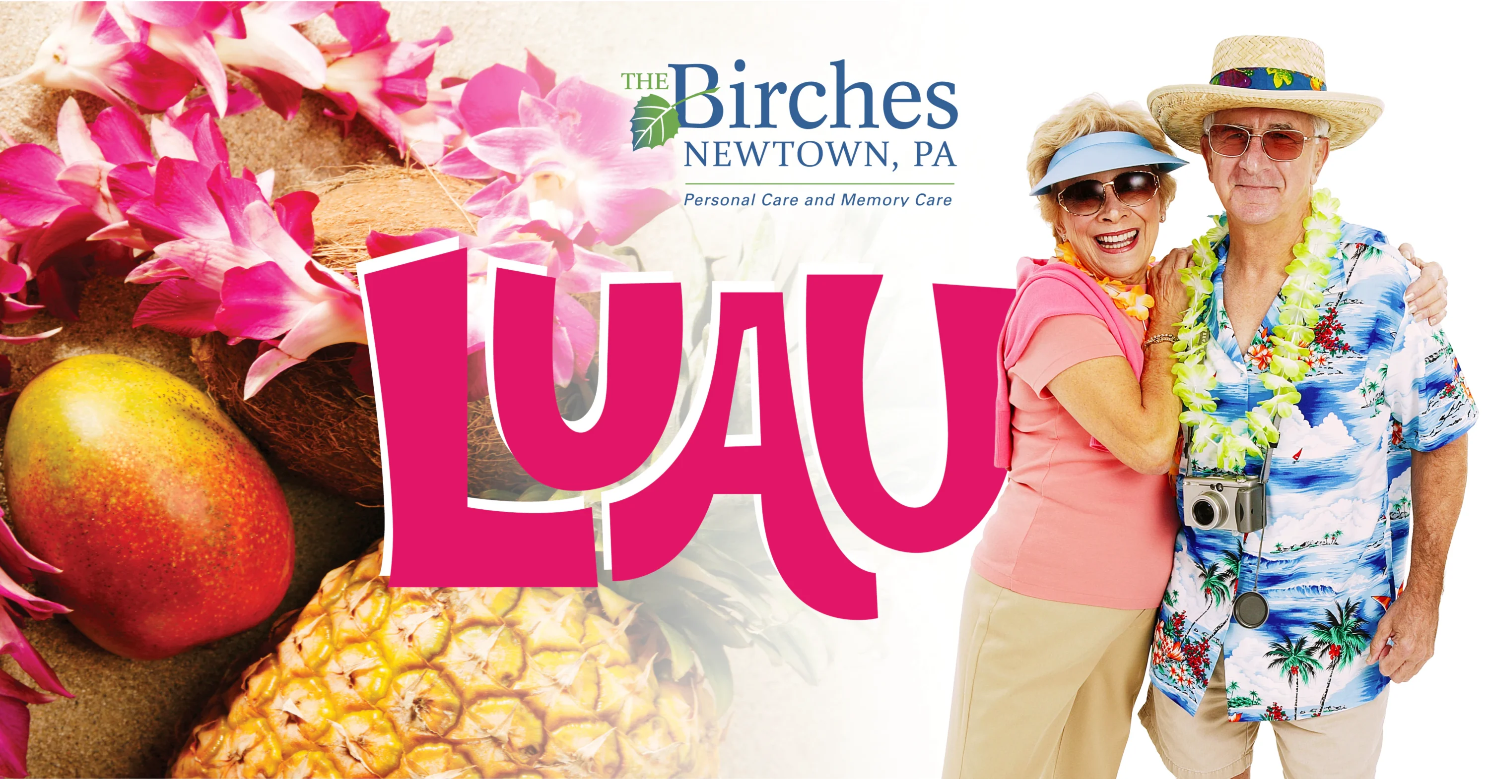 Senior couple in Hawaiian attire at luau event