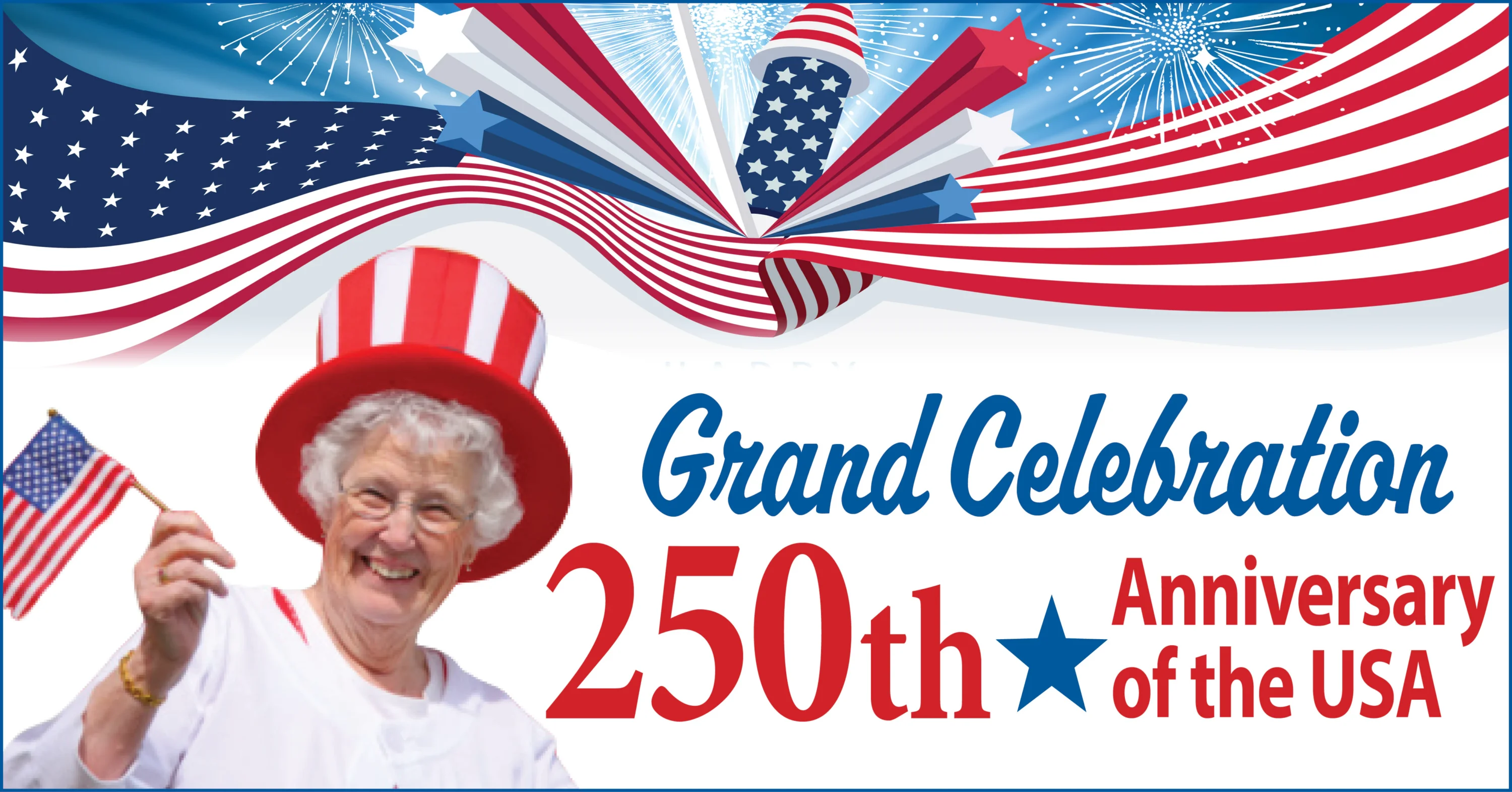 Elderly woman waving American flag at patriotic celebration
