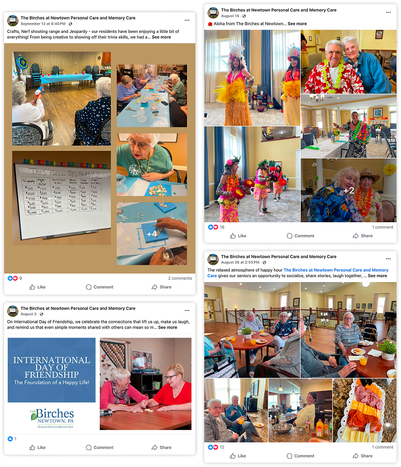 Residents engaging in group activities including crafts and Jeopardy, enjoying a themed tropical dance performance, dining and socializing in a bright dining area, and celebrating International Day of Friendship at The Birches at Newton senior living community.